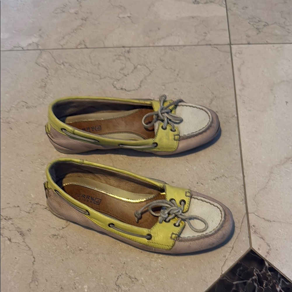 Sperry Yellow and Tan Flats with Decorative Laces